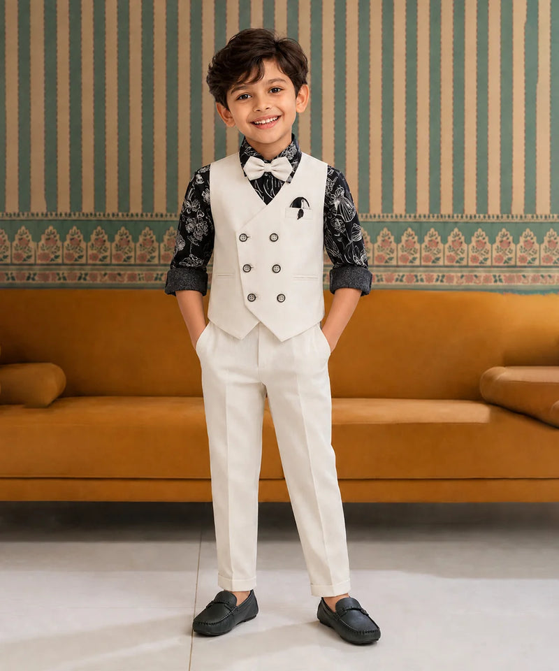 Young boy in a formal outfit standing in a room with a striped wall and orange sofa.