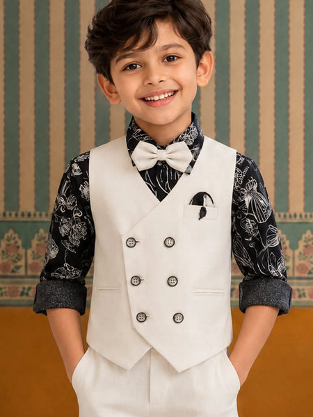 Young boy in a formal outfit with a white vest and bow tie against a decorative wall.