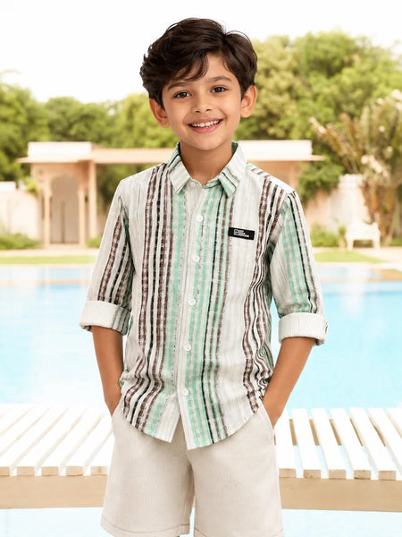 Boys Smart Casual Green Stripe Shirt