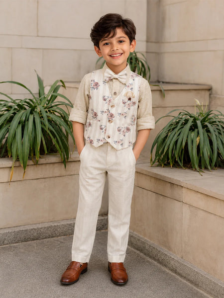 Young boy in formal attire standing outdoors with plants in the background