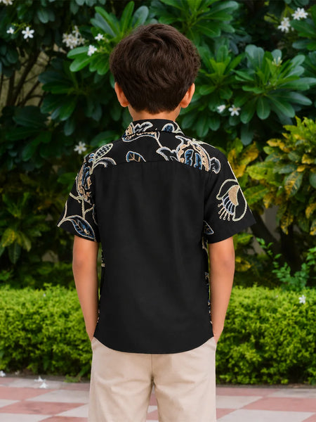 Boys Black Floral Printed Shirt