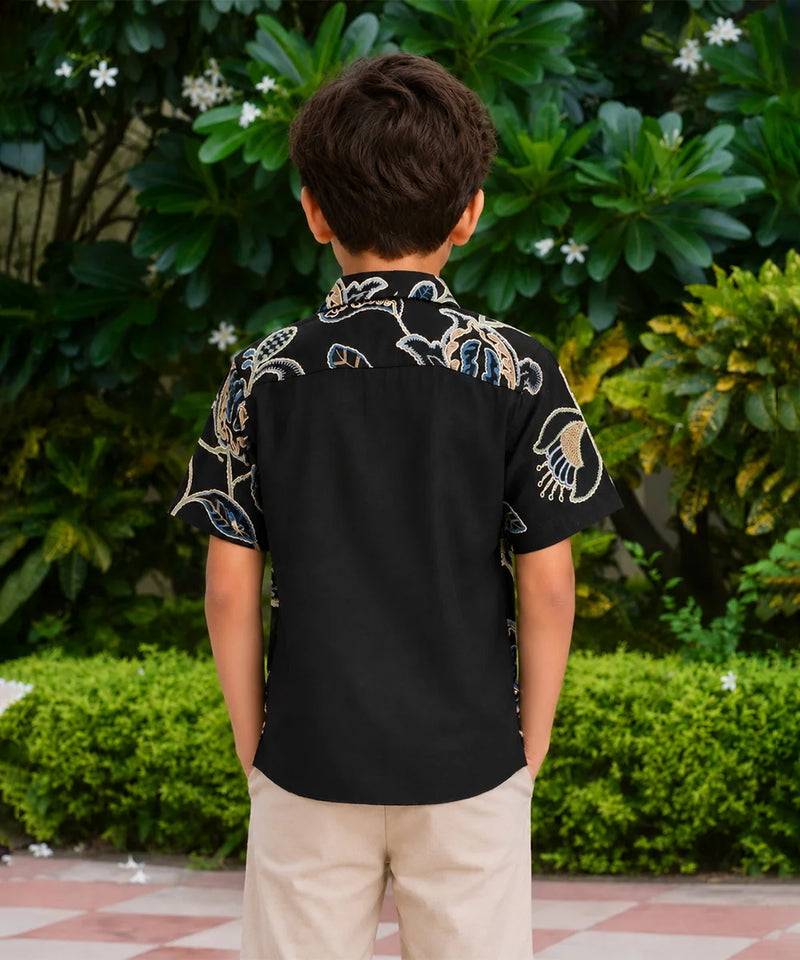 Boys Black Floral Printed Shirt