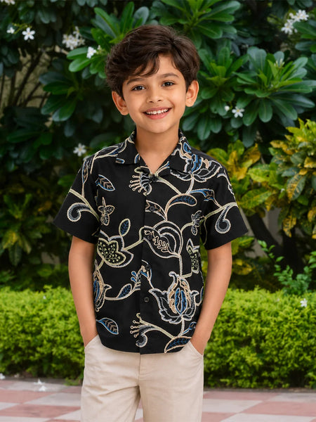 Boys Black Floral Printed Shirt
