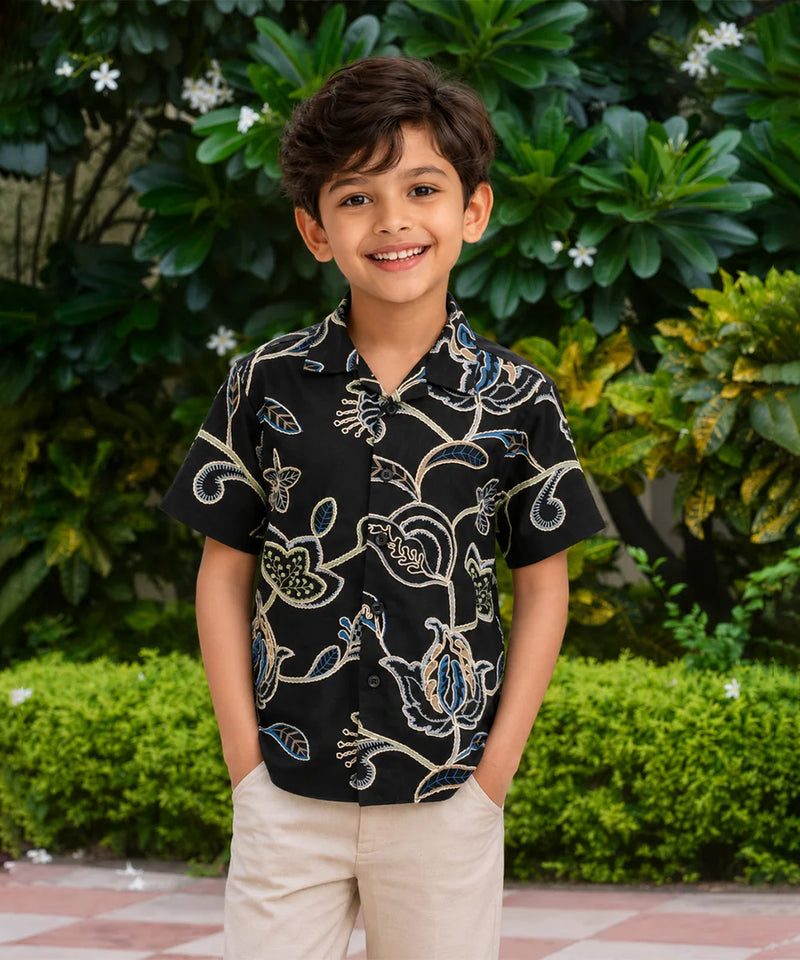 Boys Black Floral Printed Shirt
