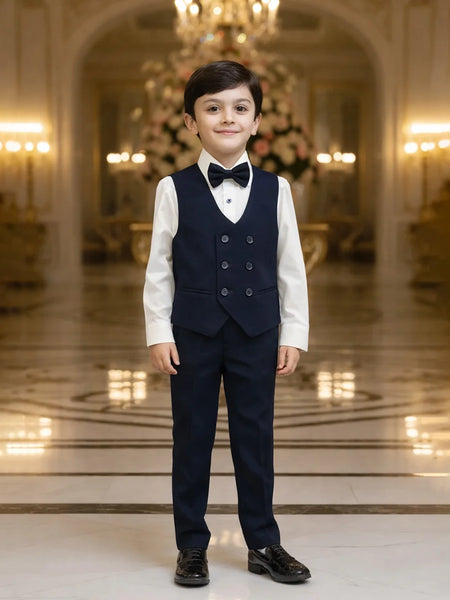 Young boy in a formal suit standing in an elegant hallway with chandeliers.