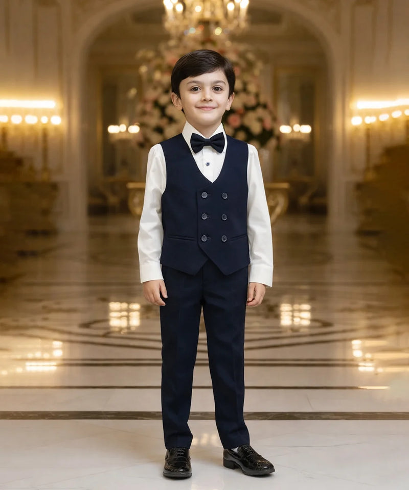 Young boy in a formal suit standing in an elegant hallway with chandeliers.