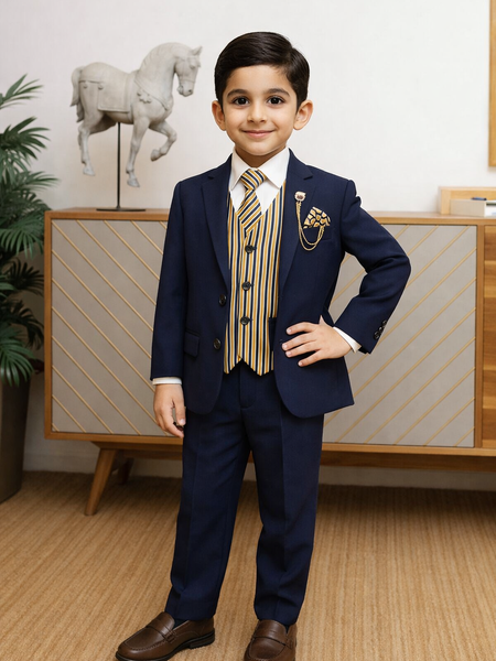 Young boy in a formal navy suit with a striped tie standing indoors.