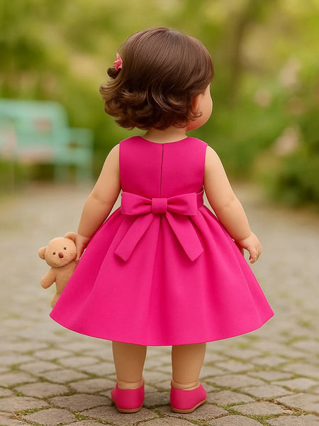 Child wearing a bright pink dress with a bow, holding a teddy bear, on a blurred outdoor background.