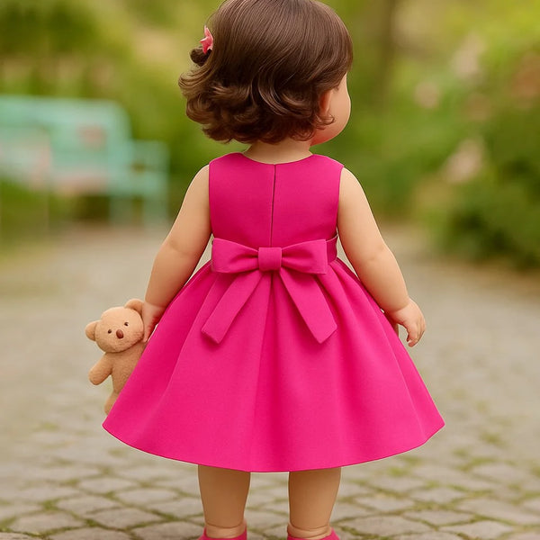 Child wearing a bright pink dress with a bow, holding a teddy bear, on a blurred outdoor background.
