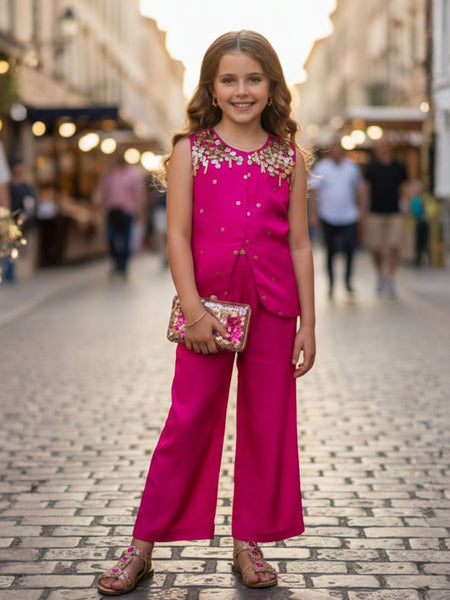 Young girl in a pink outfit with floral details on a blurred street background