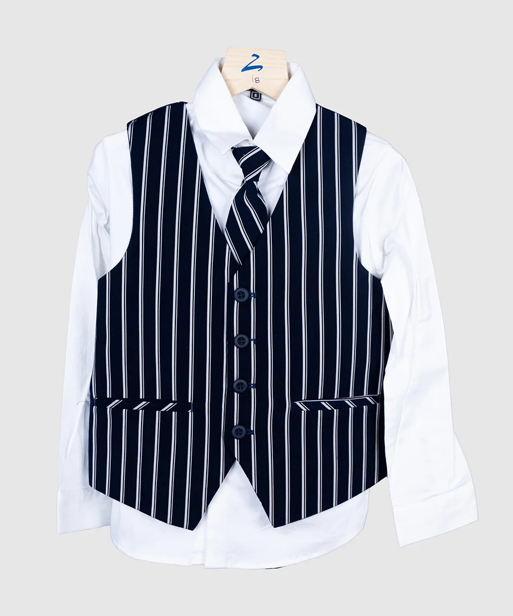 Formal Navy Coat Suit with Striped Waist Coat for Boys