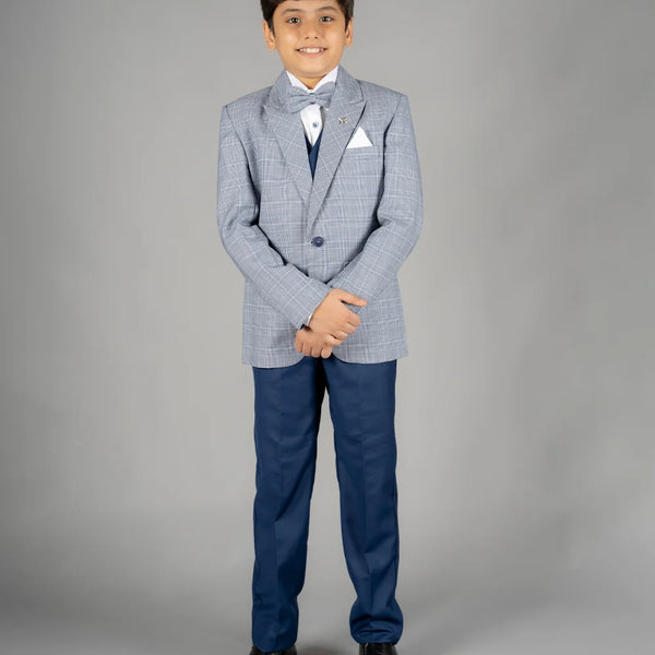 formal light blue checked coat suit set for boys