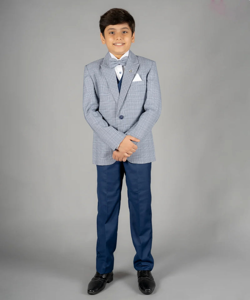 formal light blue checked coat suit set for boys