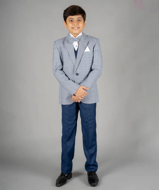 formal light blue checked coat suit set for boys