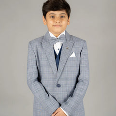 wedding wear light blue checked coat suit set for boys 