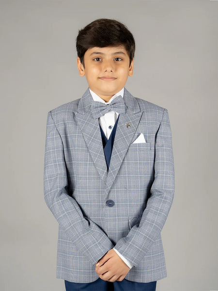 wedding wear light blue checked coat suit set for boys 