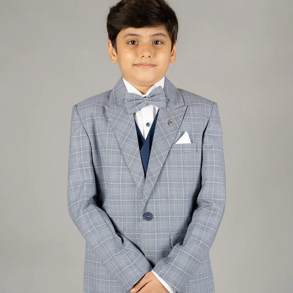 wedding wear light blue checked coat suit set for boys 