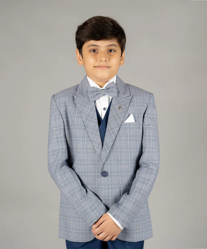 wedding wear light blue checked coat suit set for boys 