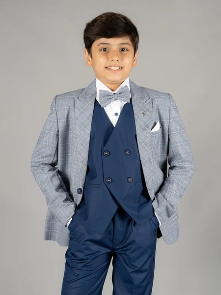 white shirt with blue waistcoat & pants, paired with checked light blue coat & a bow 