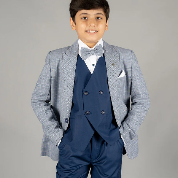 white shirt with blue waistcoat & pants, paired with checked light blue coat & a bow 
