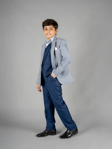 side view of light blue coat suit set for boys