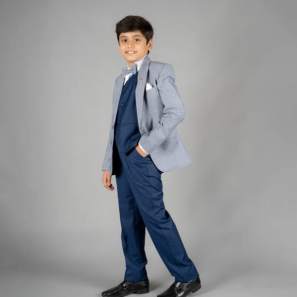 side view of light blue coat suit set for boys