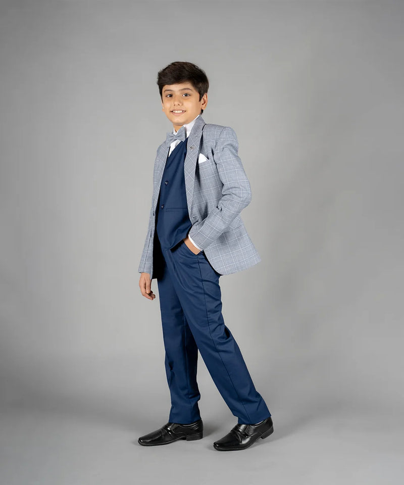 side view of light blue coat suit set for boys