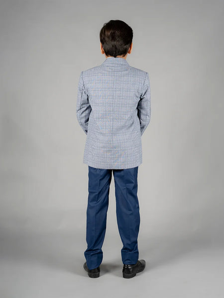back view of light blue coat suit set for boys