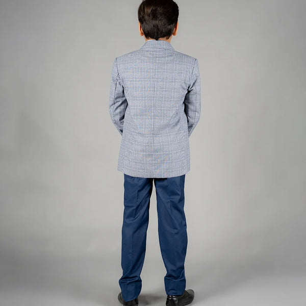 back view of light blue coat suit set for boys