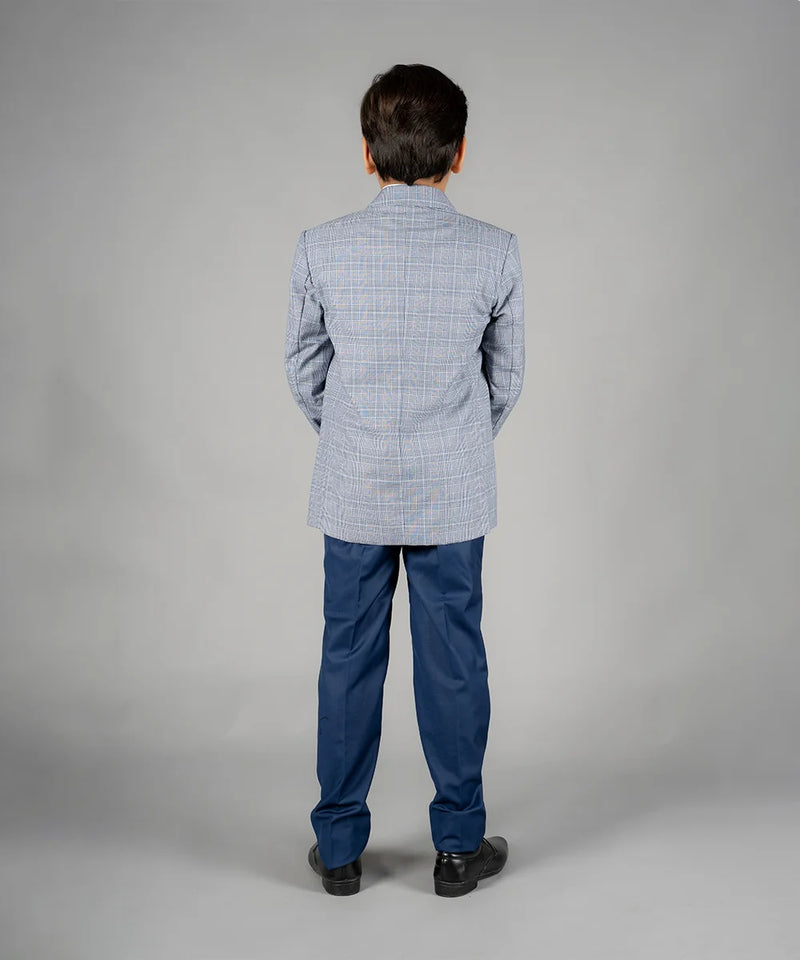 back view of light blue coat suit set for boys
