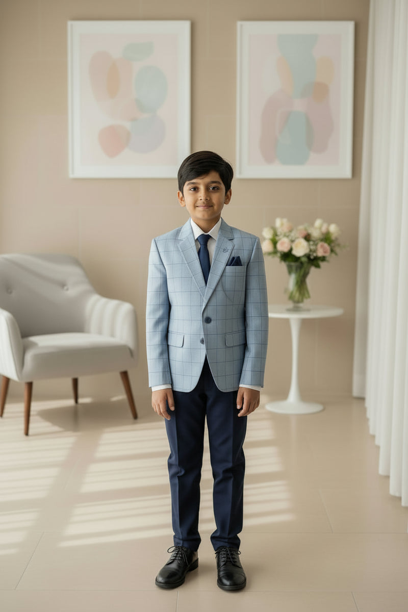 This suit set comes with a checkered blazer, a white shirt, a navy waistcoat and trousers for boys. In addition to that, it is teamed up with a cute broach and a navy blue pocket square.