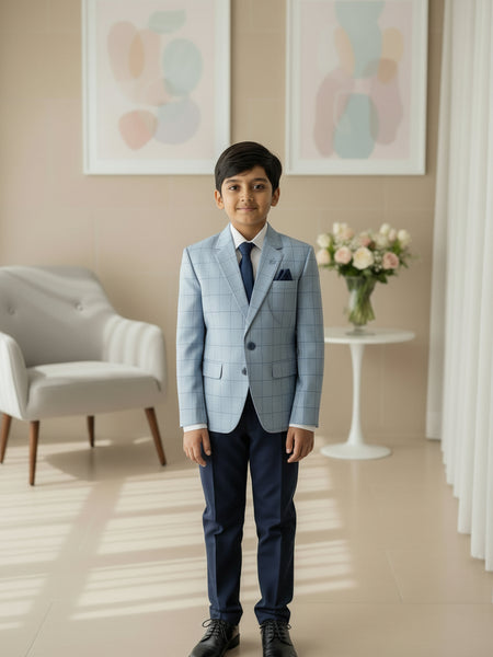 This suit set comes with a checkered blazer, a white shirt, a navy waistcoat and trousers for boys. In addition to that, it is teamed up with a cute broach and a navy blue pocket square.