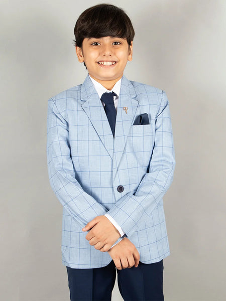 party wear checks sky blue blazer set for boys 