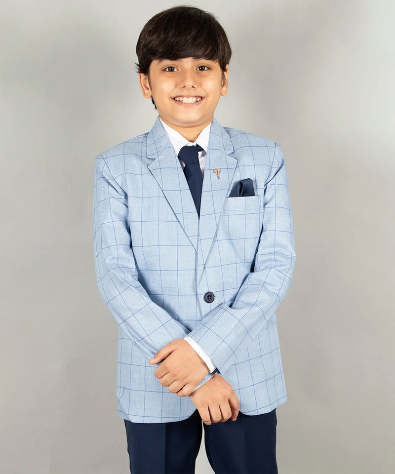 party wear checks sky blue blazer set for boys 