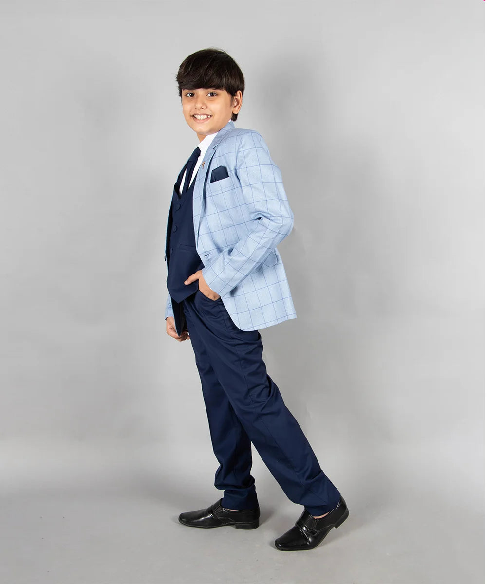 Sky Blue Check Blazer - Navy Waistcoat and Pant - Complete Coat Suit Set
