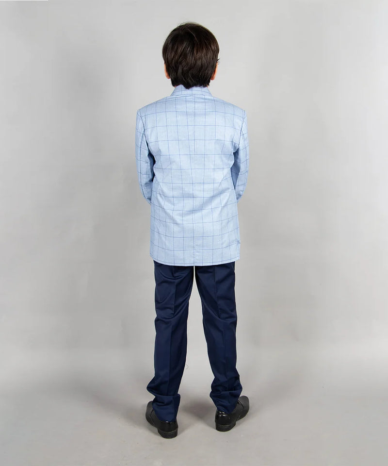 back view of checks formal blazer set for boys 