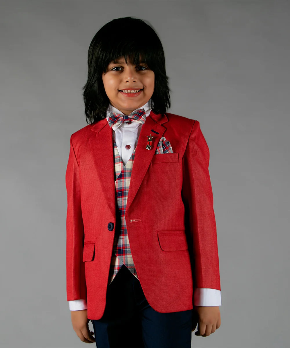 Red and Navy Coat Suit with Checked Waist Coat for Boys