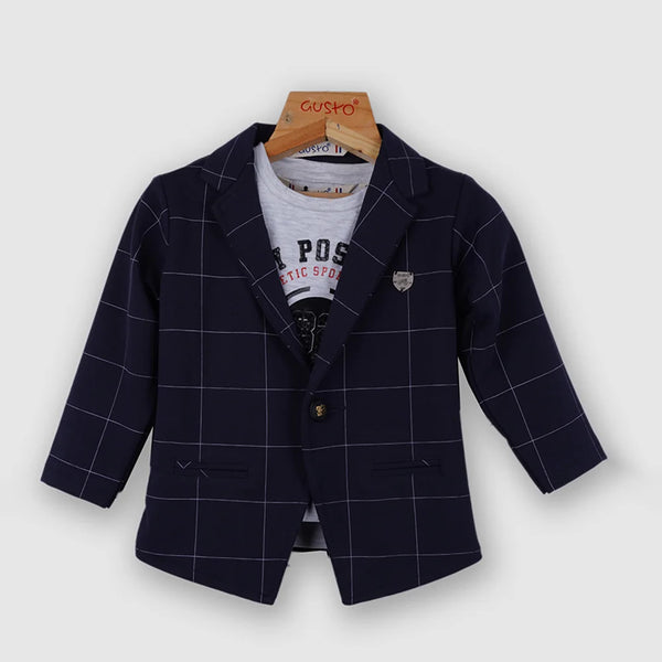 Dress up your little boy in these pretty navy blue Colored checked coat suits that help you to leave a majestic impression. It comes with a coat, t-shirt and matching pants, moreover, the fabric is the best in its class.