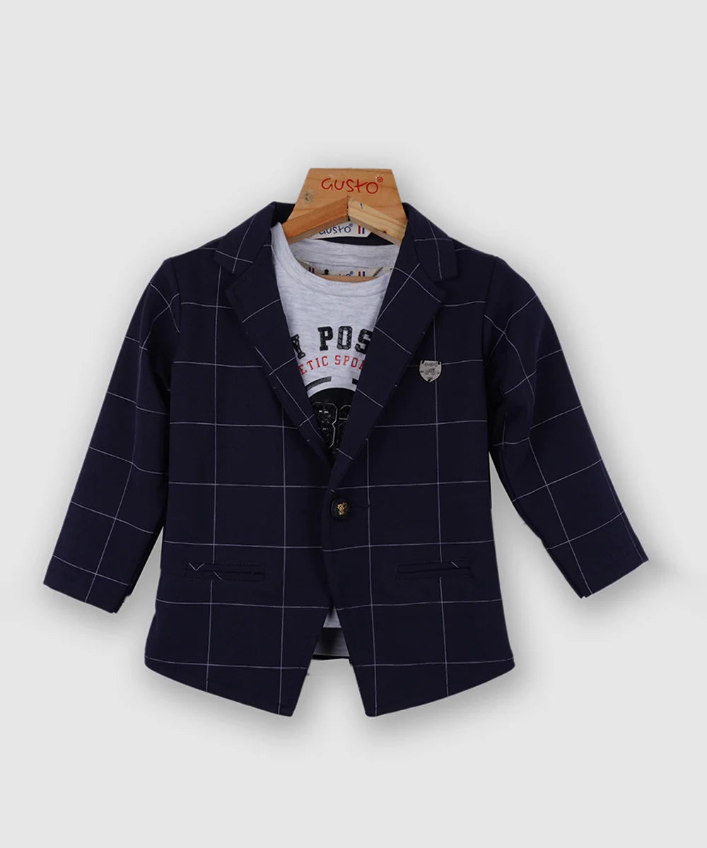 Dress up your little boy in these pretty navy blue Colored checked coat suits that help you to leave a majestic impression. It comes with a coat, t-shirt and matching pants, moreover, the fabric is the best in its class.