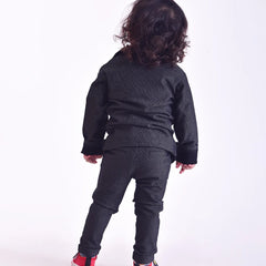 back view of black blazer set for boys
