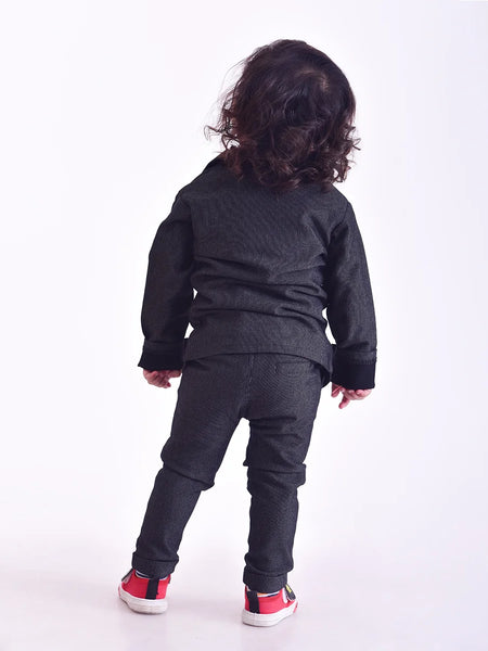back view of black blazer set for boys