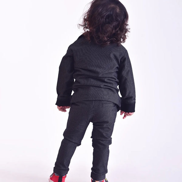 back view of black blazer set for boys