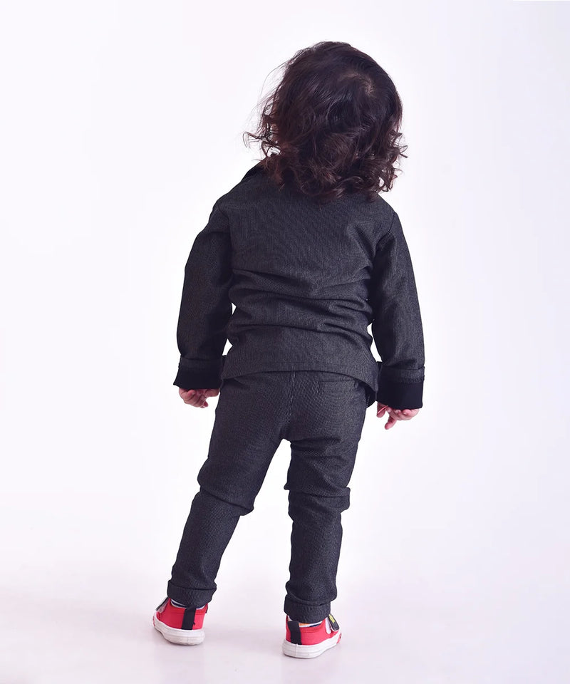back view of black blazer set for boys