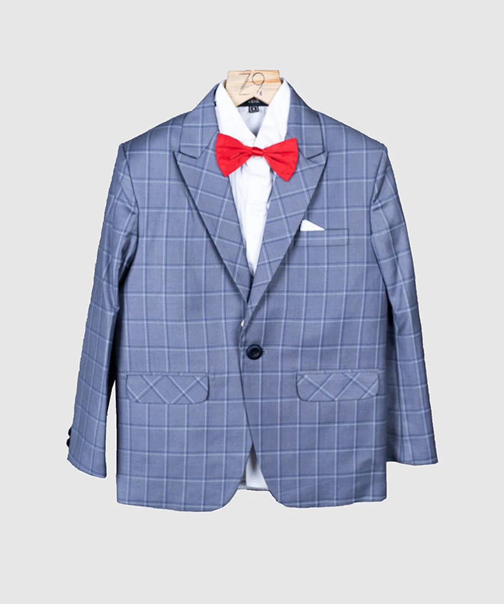 It is a beautiful greyish-blue checked coat suit set that comes with a checked coat, full sleeves shirt, checked pants and a matching red colour bow.