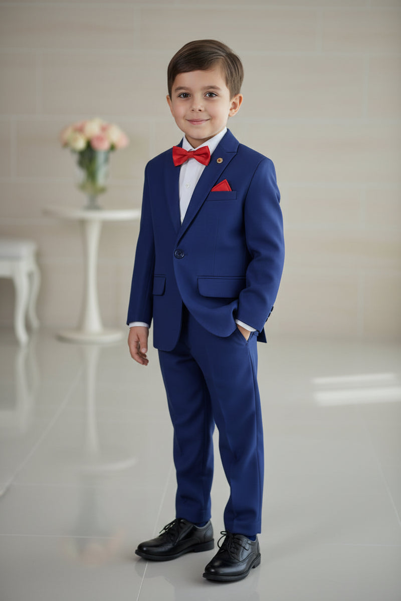 The creation is paired with a beautiful dotted white shirt, a red bow and straight trousers. It features a self-textured blazer with a nice small broach on it.