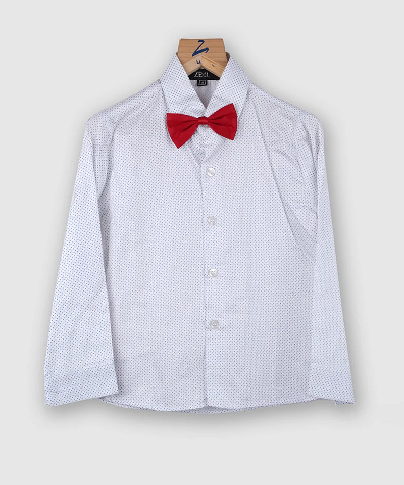 white dot print shirt under the navy blue coat suit set with a red bow 