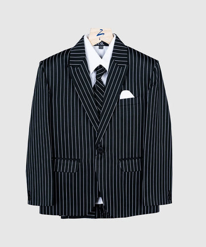  It's a black-coloured striped coat suit set. It comes with a coat, a white shirt, a pocket square, striped Pants and a tie.