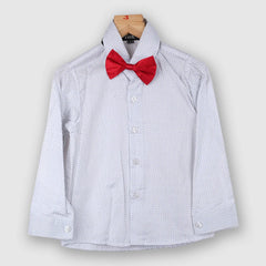 white dotted shirt with a red bow, paired with the coat suit set for boys
