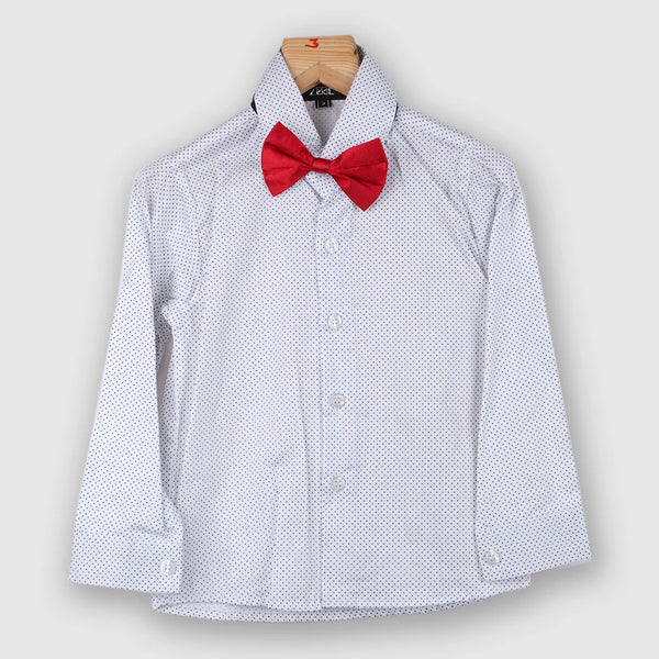 white dotted shirt with a red bow, paired with the coat suit set for boys
