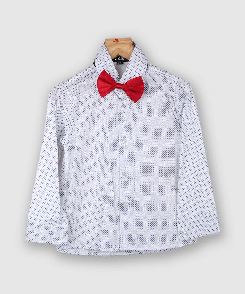 white dotted shirt with a red bow, paired with the coat suit set for boys
